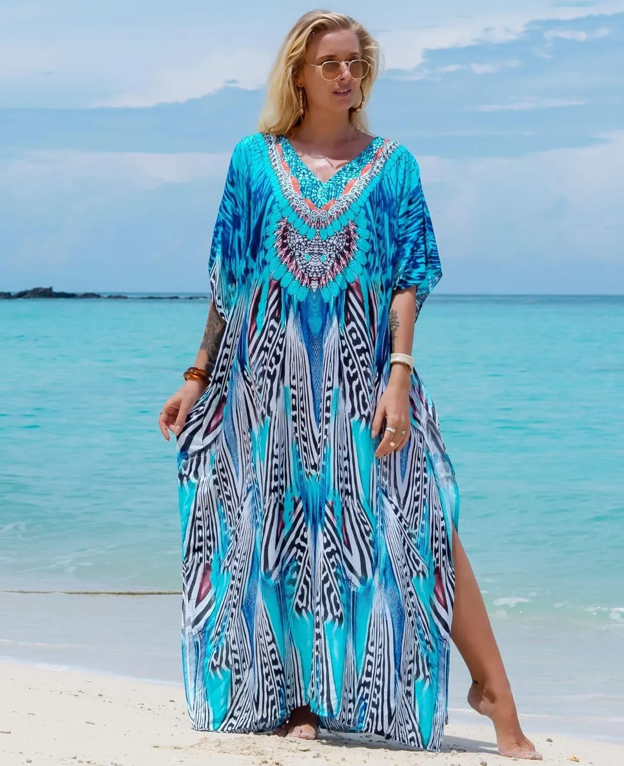 Women's Plus Size Moroccan Print V-Neck Batwing Kaftan Loose Fit Beach Dress Bathing Suit Cover Up
