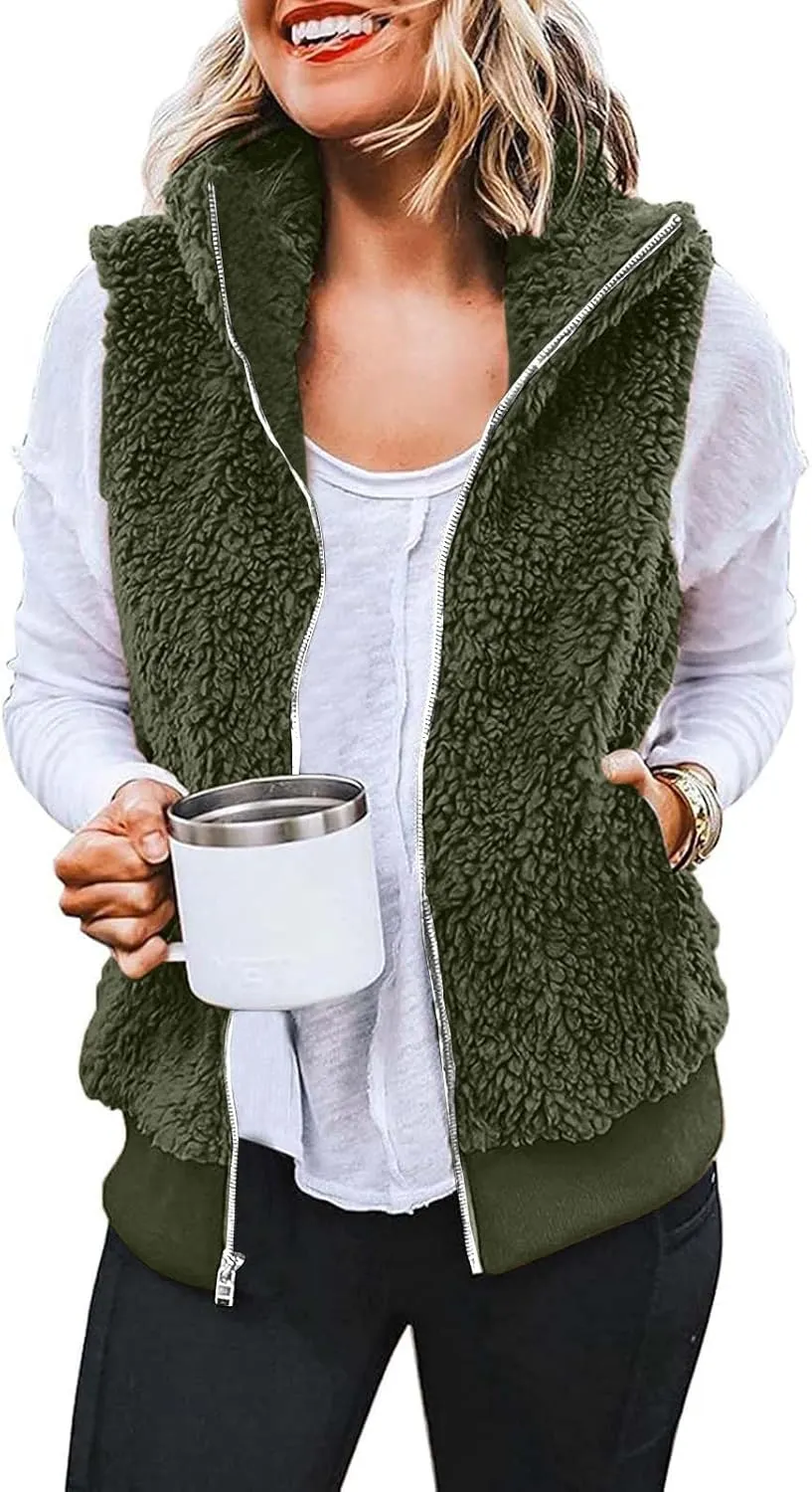Women's Sherpa Vest Plus Size Fuzzy Fleece Sleeveless Zip Up Jacket Coat 2024 Fall Casual Waistcoat Gilet with Pockets