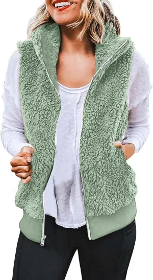 Women's Sherpa Vest Plus Size Fuzzy Fleece Sleeveless Zip Up Jacket Coat 2024 Fall Casual Waistcoat Gilet with Pockets