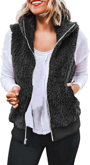 Women's Sherpa Vest Plus Size Fuzzy Fleece Sleeveless Zip Up Jacket Coat 2024 Fall Casual Waistcoat Gilet with Pockets