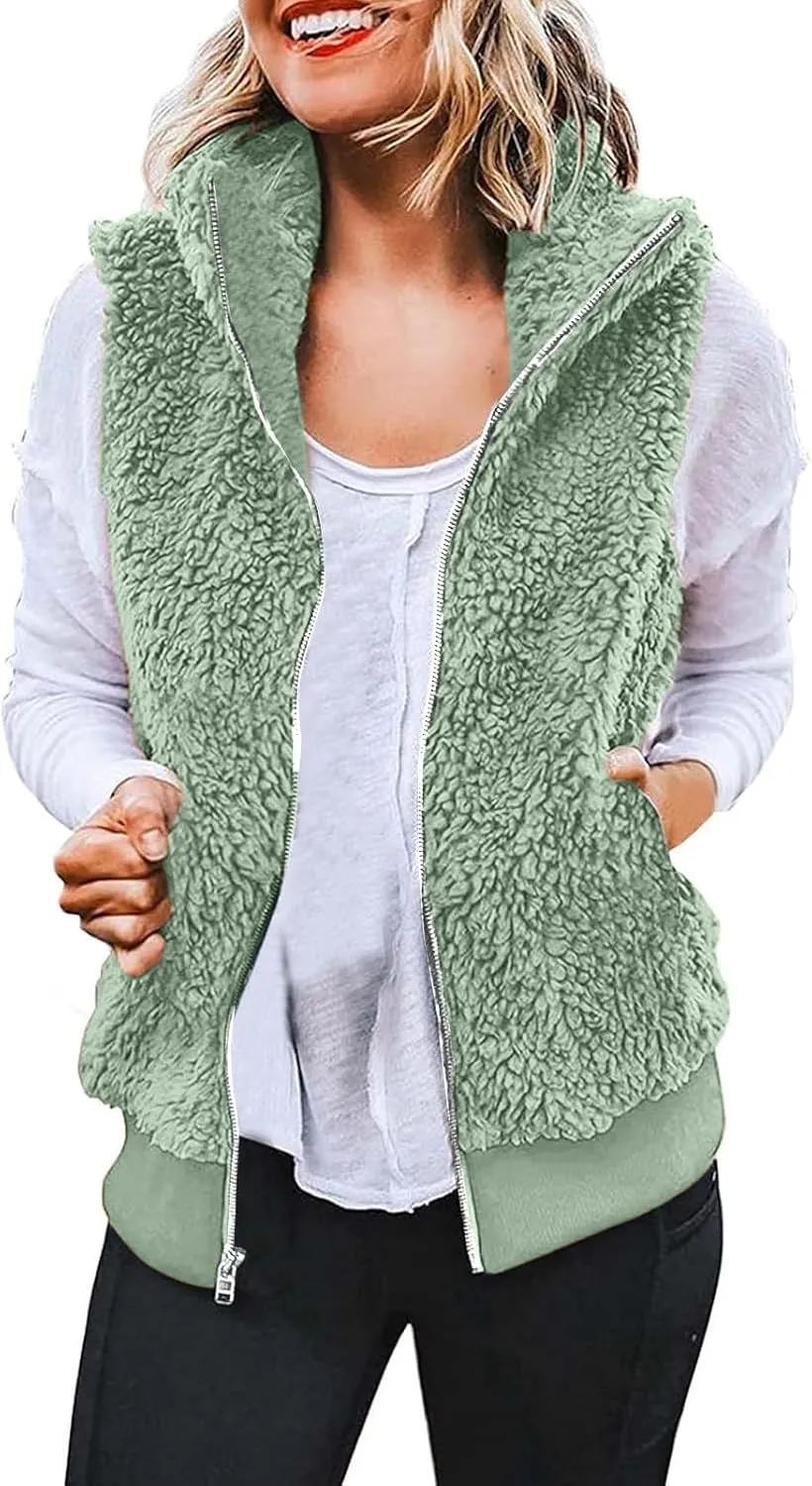 Women's Sherpa Vest Plus Size Fuzzy Fleece Sleeveless Zip Up Jacket Coat 2024 Fall Casual Waistcoat Gilet with Pockets