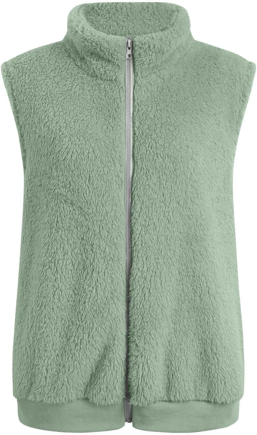 Women's Sherpa Vest Plus Size Fuzzy Fleece Sleeveless Zip Up Jacket Coat 2024 Fall Casual Waistcoat Gilet with Pockets
