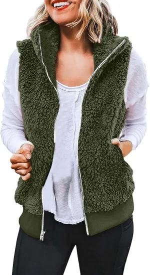 Women's Sherpa Vest Plus Size Fuzzy Fleece Sleeveless Zip Up Jacket Coat 2024 Fall Casual Waistcoat Gilet with Pockets