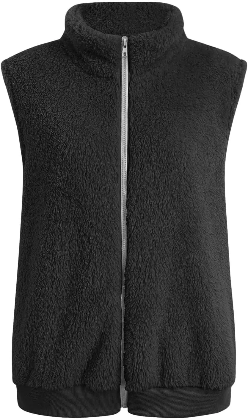 Women's Sherpa Vest Plus Size Fuzzy Fleece Sleeveless Zip Up Jacket Coat 2024 Fall Casual Waistcoat Gilet with Pockets