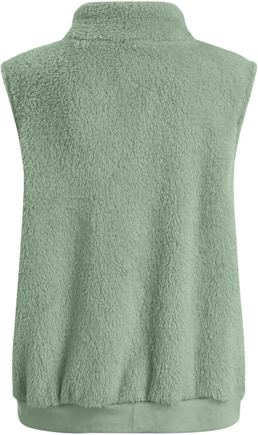 Women's Sherpa Vest Plus Size Fuzzy Fleece Sleeveless Zip Up Jacket Coat 2024 Fall Casual Waistcoat Gilet with Pockets