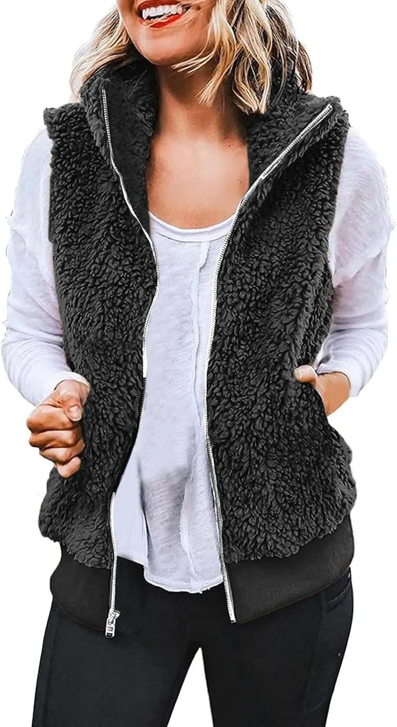 Women's Sherpa Vest Plus Size Fuzzy Fleece Sleeveless Zip Up Jacket Coat 2024 Fall Casual Waistcoat Gilet with Pockets