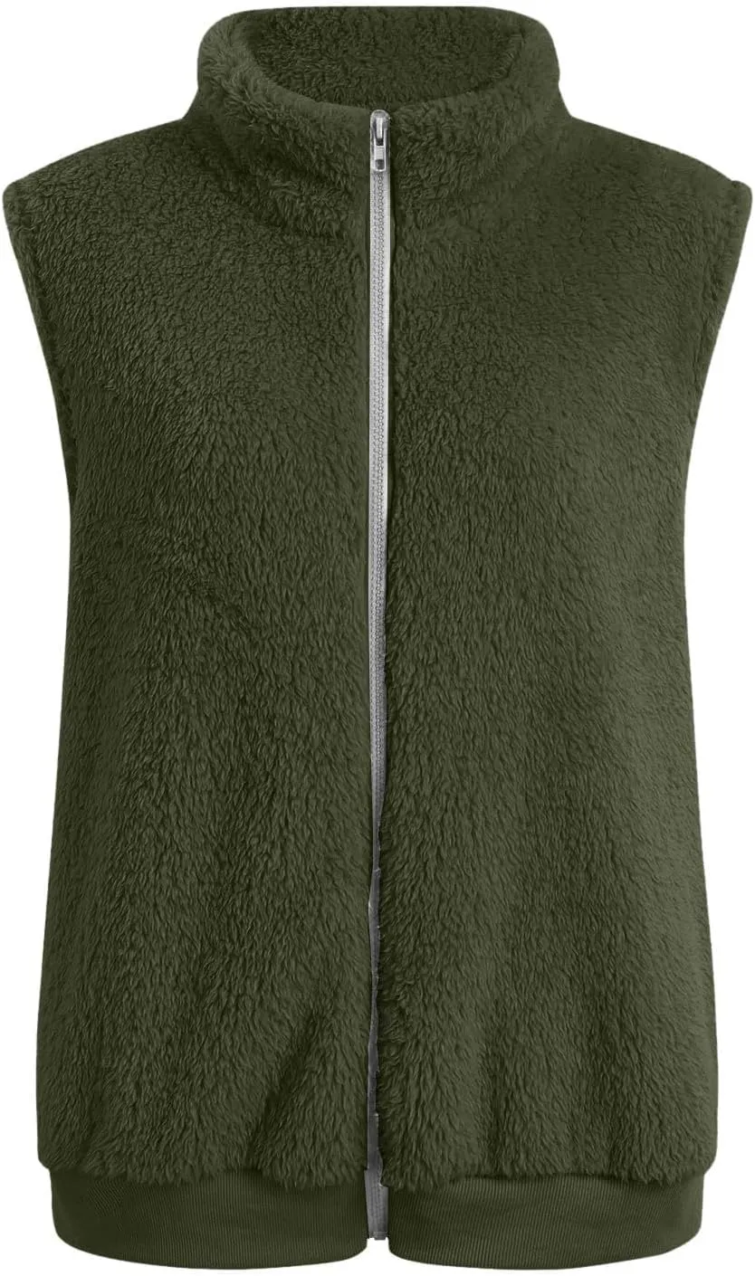 Women's Sherpa Vest Plus Size Fuzzy Fleece Sleeveless Zip Up Jacket Coat 2024 Fall Casual Waistcoat Gilet with Pockets