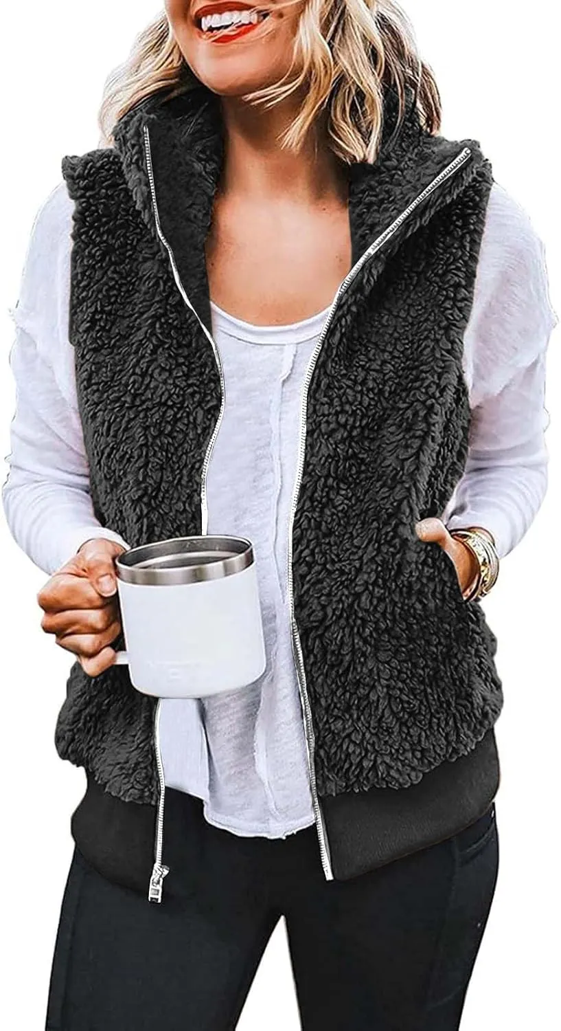 Women's Sherpa Vest Plus Size Fuzzy Fleece Sleeveless Zip Up Jacket Coat 2024 Fall Casual Waistcoat Gilet with Pockets