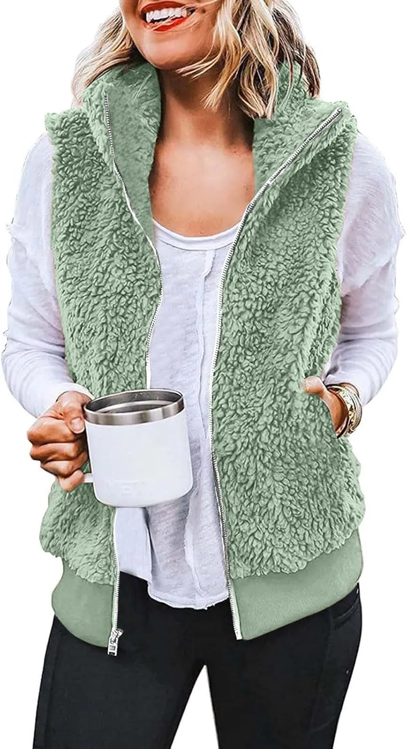 Women's Sherpa Vest Plus Size Fuzzy Fleece Sleeveless Zip Up Jacket Coat 2024 Fall Casual Waistcoat Gilet with Pockets