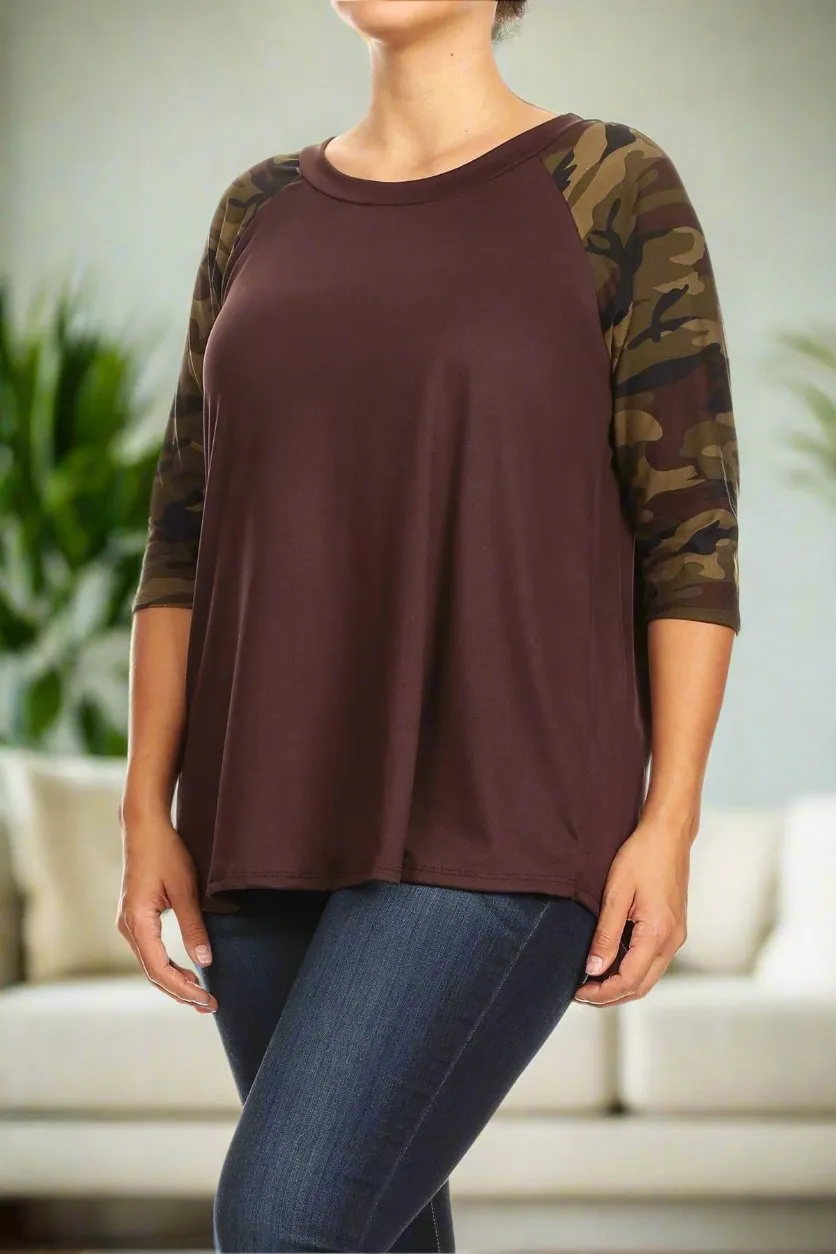 Womens Thanksgiving Brown Camouflage Top, 3/4 Sleeve Raglan Shirt, Sizes 1xl/2xl/3xl, Brown/Green