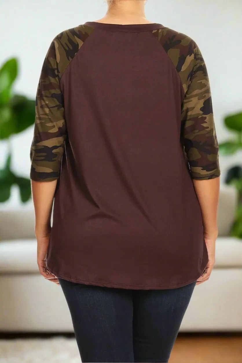 Womens Thanksgiving Brown Camouflage Top, 3/4 Sleeve Raglan Shirt, Sizes 1xl/2xl/3xl, Brown/Green